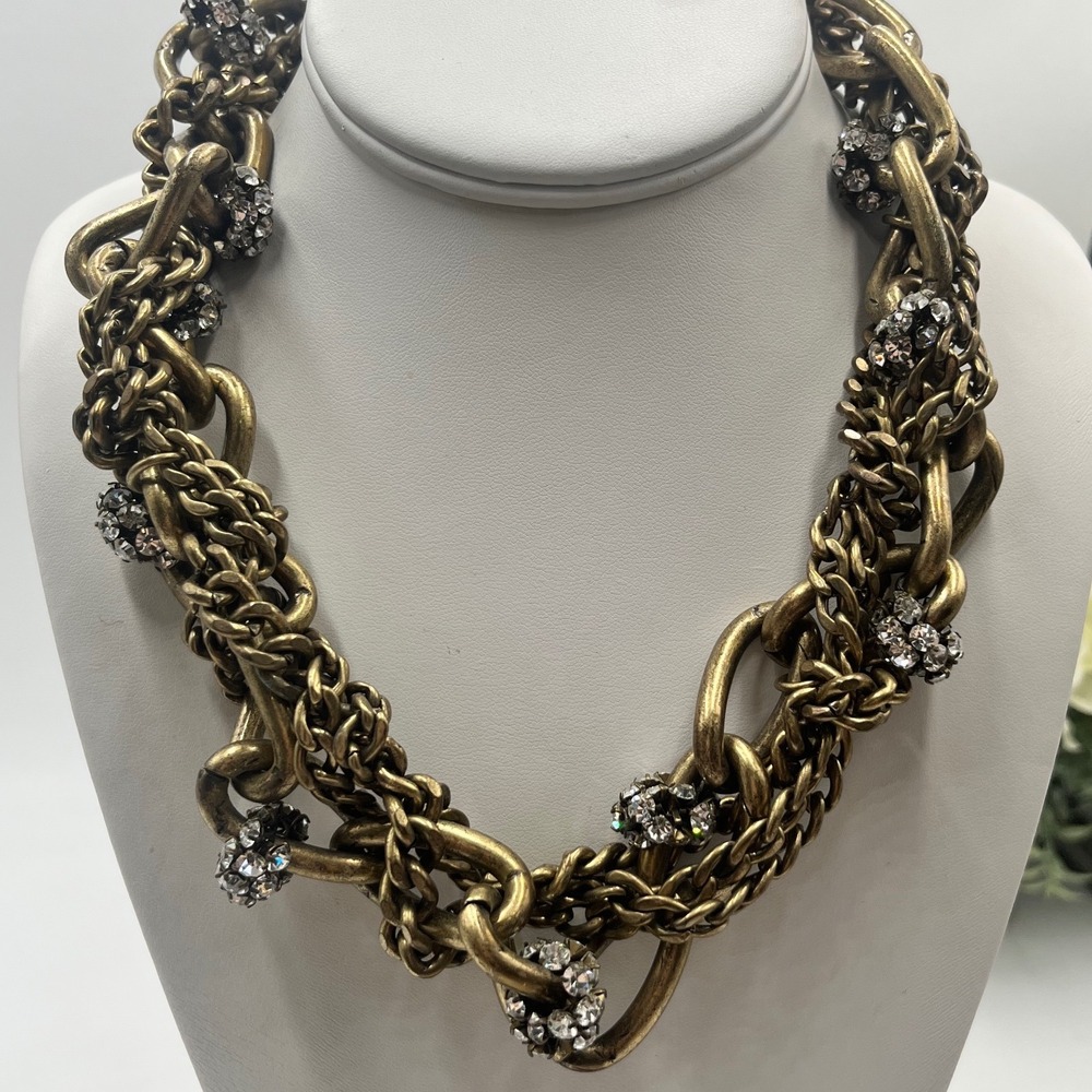 J. Crew Vintage Bronze 4 Strand Chain Link Rhinestone Twisted Statement Necklace